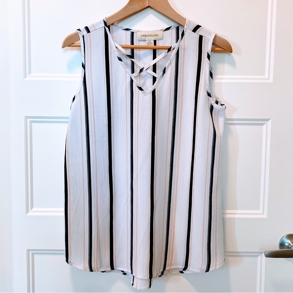 Urbanology NWOT S/M White Sleeveless Blouse w Black & Peach Vertical Stripes - Picture 1 of 9